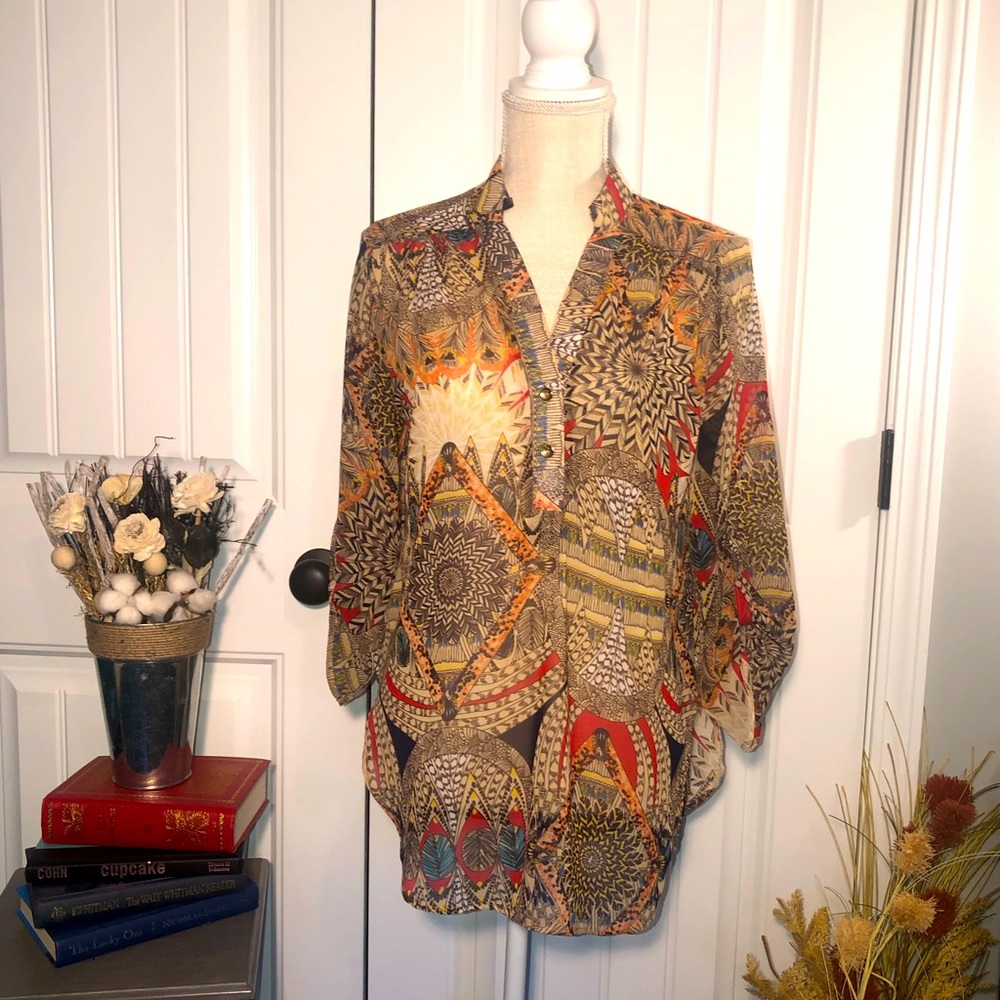 Yahada U.S.A. bohemian style v-neck sheer top; S